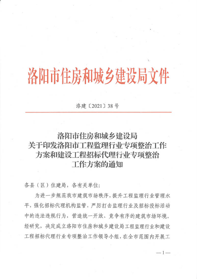 关于印发洛阳市工程监理行业专项整治工作方案和建设工程招标代理行业专项整治工作方案的通知